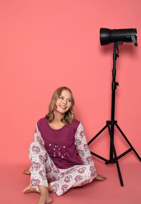 Pijama damă vătuită, mânecă lungă cu ursuleți și pantaloni lungi din bumbac, imprimeu Teddy, Engros